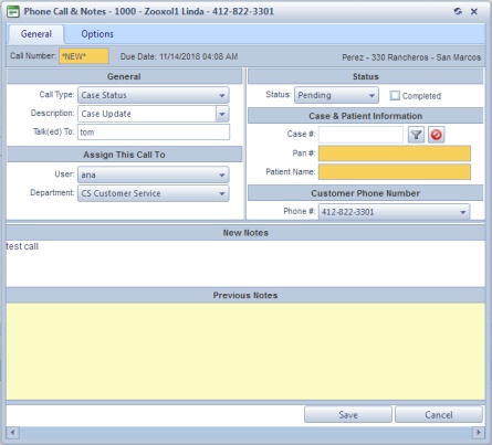 V11 - Customer - Call and Notes - New call - General tab