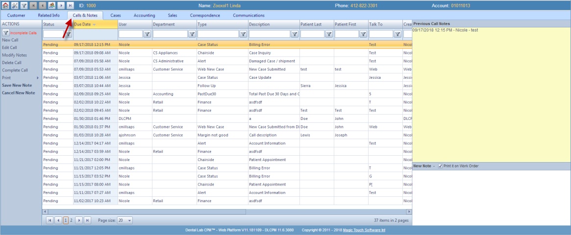 V11 - Customer - Call and Notes