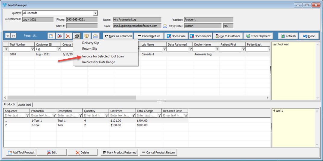 V12 - Print Invoice for Selected Tool Loan - Tools Manager - navigation