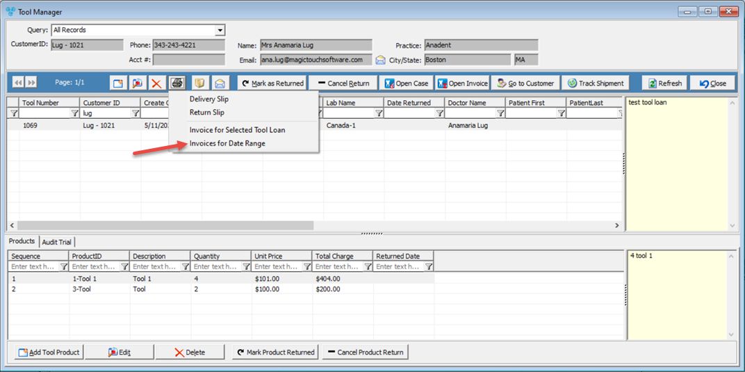 V12 - Print Invoice for Date Range - Tools Manager - navigation