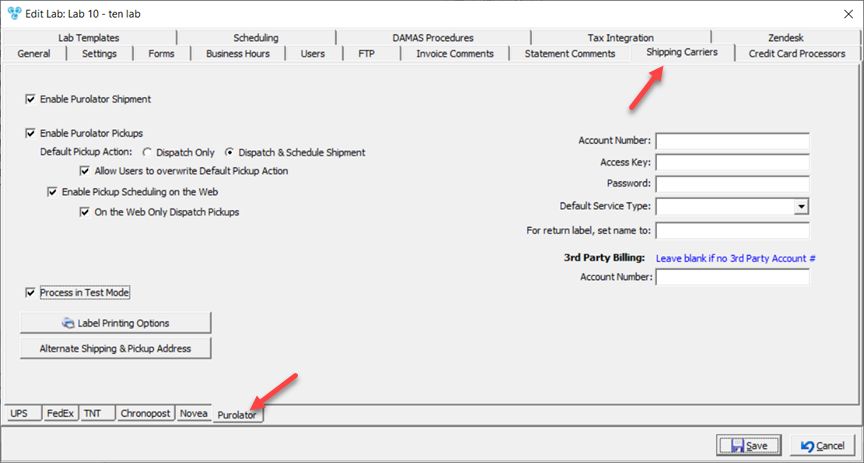 V12 - Laboratory Lists - Laboratories - Shipping Carrier - Purolator