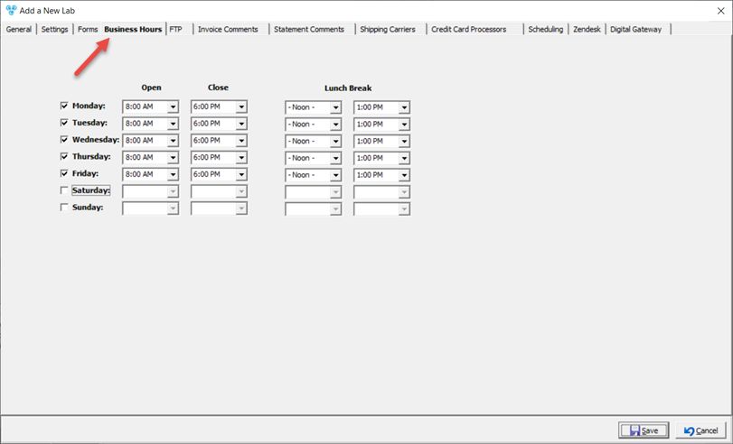 V12 - Laboratory Lists - Laboratories - Add new lab - Business hours