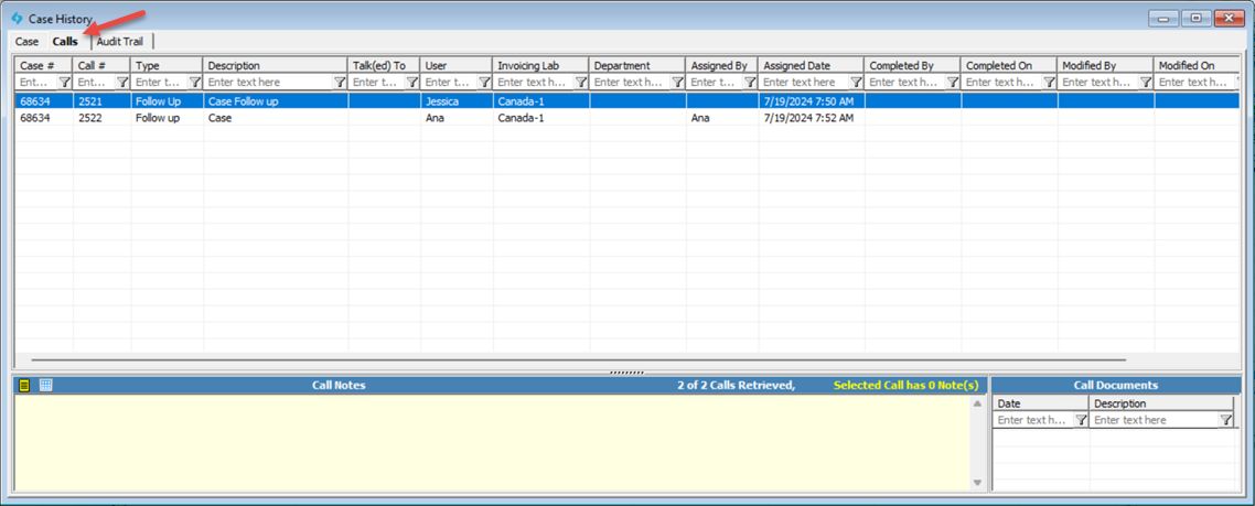 V15 - Case History - calls tab