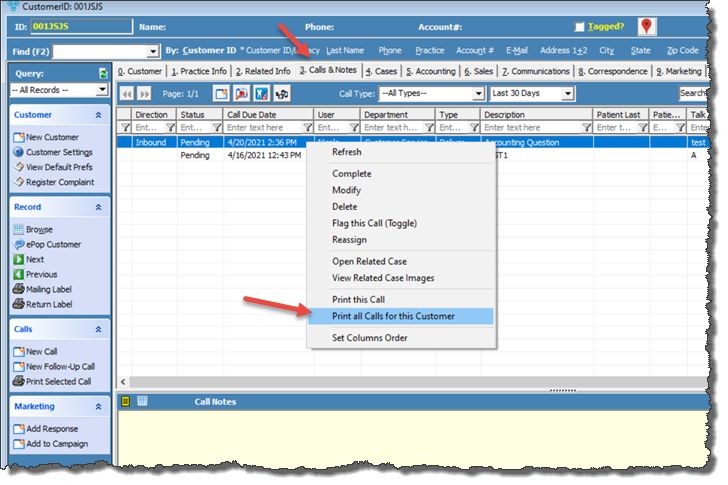 V12 - Print Calls - All calls - navigation