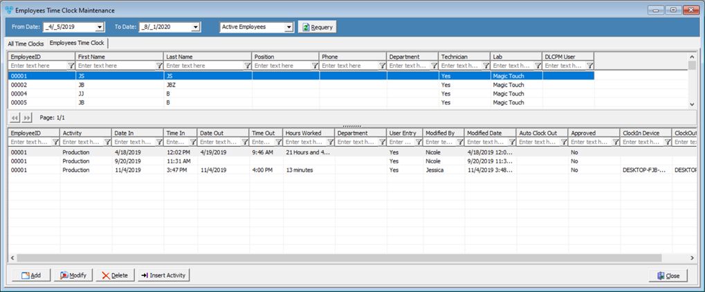 V12 - Time Clock - employee time clock tab