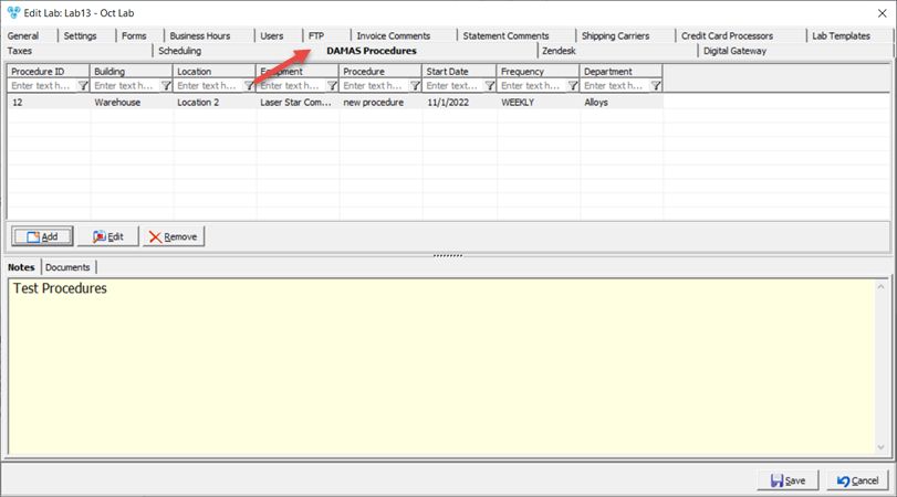 V12 - Laboratory Lists - Laboratories - Add new lab - DAMAS Procedures