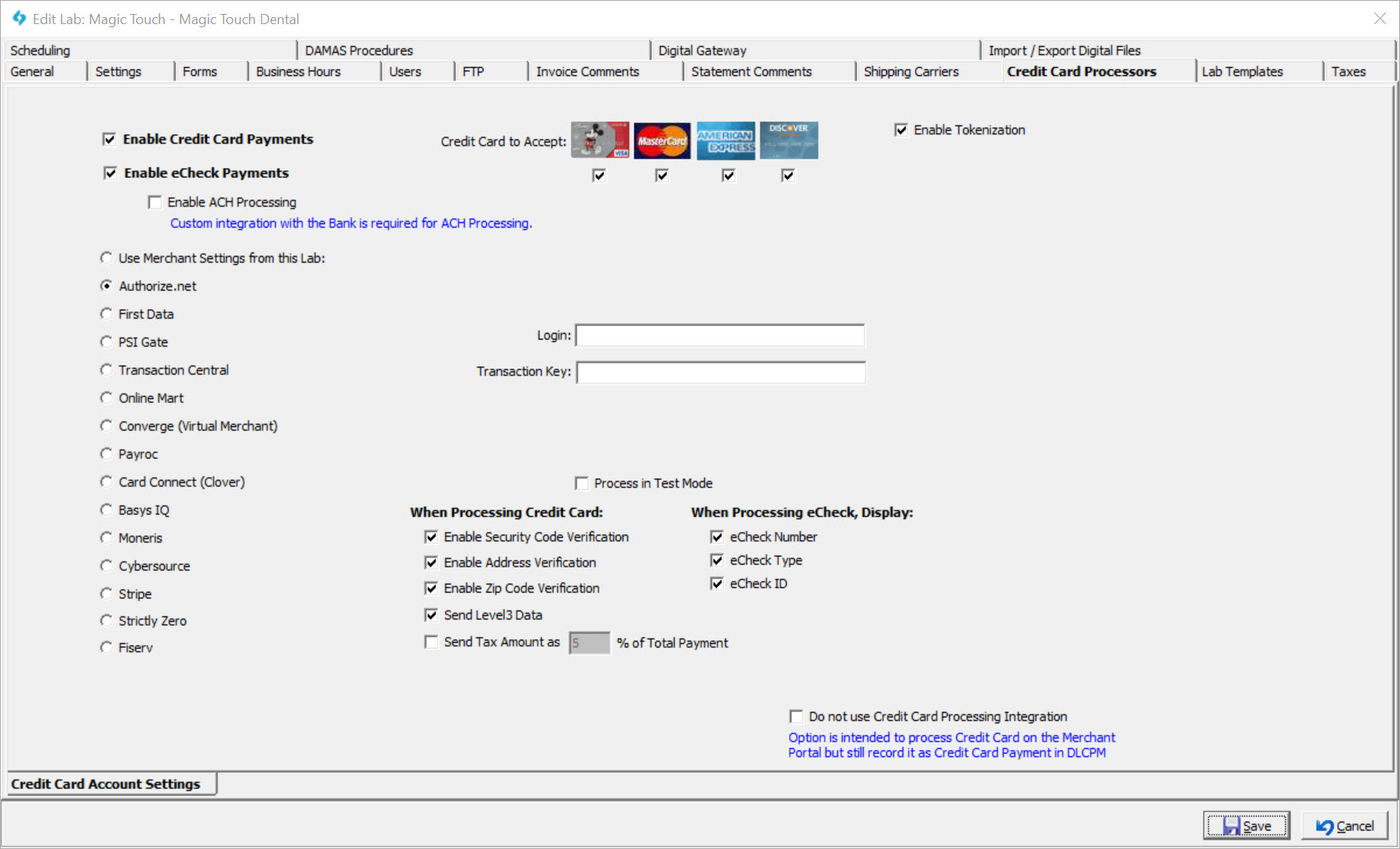 V15 - Laboratory Lists - Laboratories - Credit Card Processor