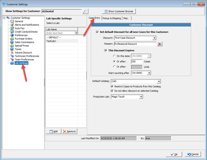 V12 - Customer Settings - Lab Settings - Case Entry