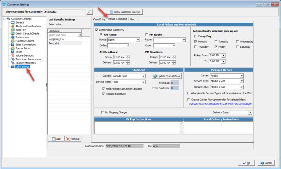 V12 - Customer Settings - Lab Settings - Pickup and Shipping