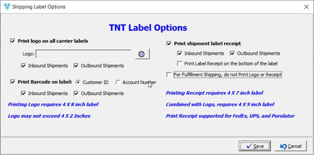 V12 - Laboratory Lists - Laboratories - Shipping Carrier - TNT- label printing