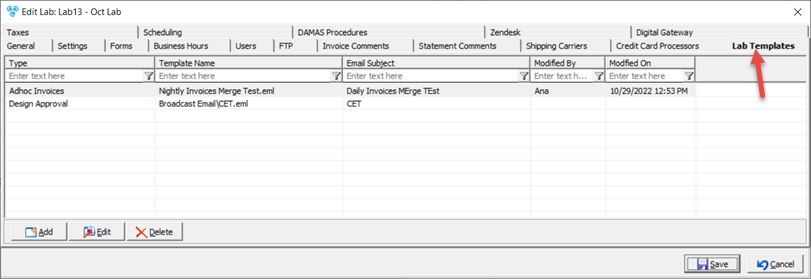 V12 - Laboratory Lists - Laboratories - Add new lab - Lab Templates