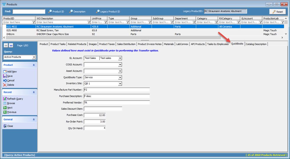 V12 - Products and Tasks Lists - Products - Quick Books tab