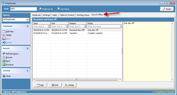V12 - Employees - Out of Office tab
