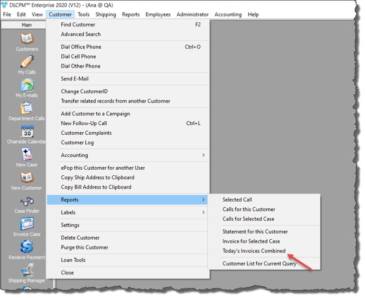 V12 - Customer Reports - Today's Invoices Combined - navigation