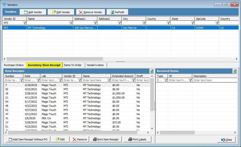 Inventory Management - vendors - inventory item receipt