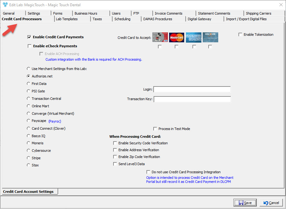 V15 - Laboratory Lists - Laboratories - Add new lab - Credit Card Processor