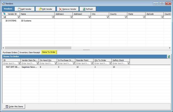 Inventory Management - vendors - items to order