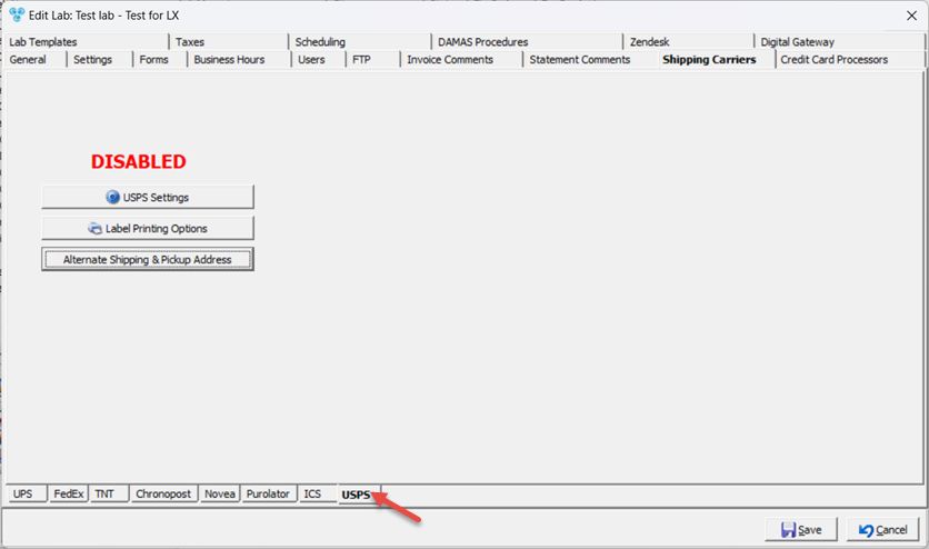 V14 - Laboratory Lists - Laboratories - Add new lab - Shipping Carrier - USPS