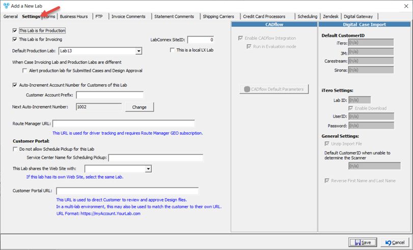 V12 - Laboratory Lists - Laboratories - Add new lab - Settings