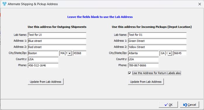 V12 - Laboratory Lists - Laboratories - Add new lab - Shipping Carrier - alternate address