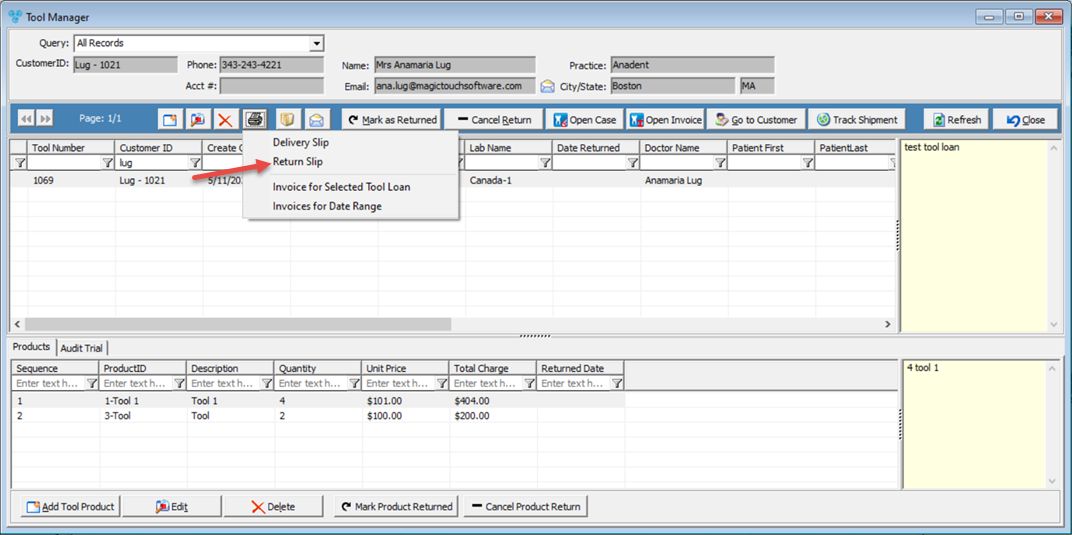 V12 - Print Return Slip - Tools Manager - navigation