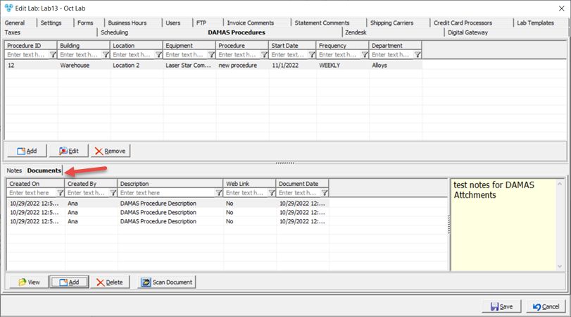 V12 - Laboratory Lists - Laboratories - Add new lab - DAMAS Procedures - Documents